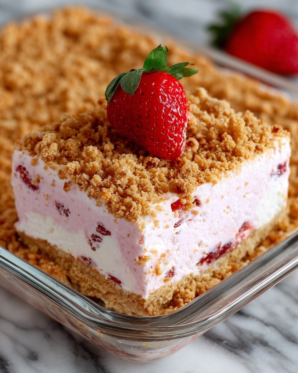 The image shows a square glass dish with a dessert made of three layers. The bottom layer is a light brown crumb crust with a crumbly texture. The middle layer is a thick, creamy light pink filling with small red fruit pieces mixed inside. The top layer is a thick, crunchy crumb topping in a golden brown color, covering the entire surface except for one cut corner revealing the inside layers. On top of the crumbs sits a single bright red strawberry with green leaves. The dish is placed on a white marbled surface. Photo taken with an iphone --ar 4:5 --v 7