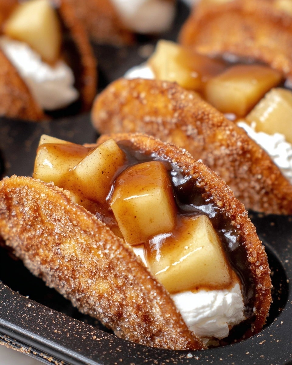 The image shows a close-up of mini taco-shaped desserts placed in a black mold. Each dessert has three layers: the outer shell is a golden-brown crispy taco shell coated with cinnamon sugar; inside this shell, there is a thick layer of white cream filling; on top, small pieces of apples covered in a glossy light brown cinnamon sauce sit neatly, filling the taco shape. The background surface is not visible, and the focus is on the texture of the cinnamon sugar shell and the apple topping. Photo taken with an iphone --ar 4:5 --v 7