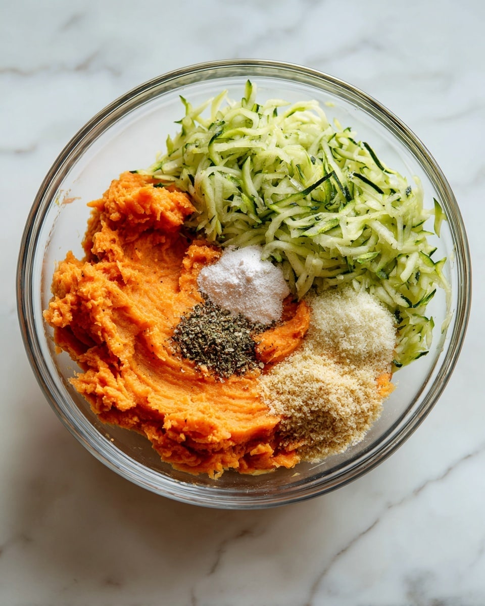 The image shows a clear glass bowl placed on a white marbled surface. Inside the bowl, there are two main visible layers: on the left, a pile of shredded green zucchini with a moist texture, and on the right, a smooth layer of bright orange mashed sweet potatoes. On top of the sweet potatoes, there are four small piles of different powders and seasonings arranged in a cluster—white flour, pink salt, black pepper, and light beige breadcrumbs. The ingredients are neatly arranged and have clear, distinct colors and textures. Photo taken with an iphone --ar 4:5 --v 7
