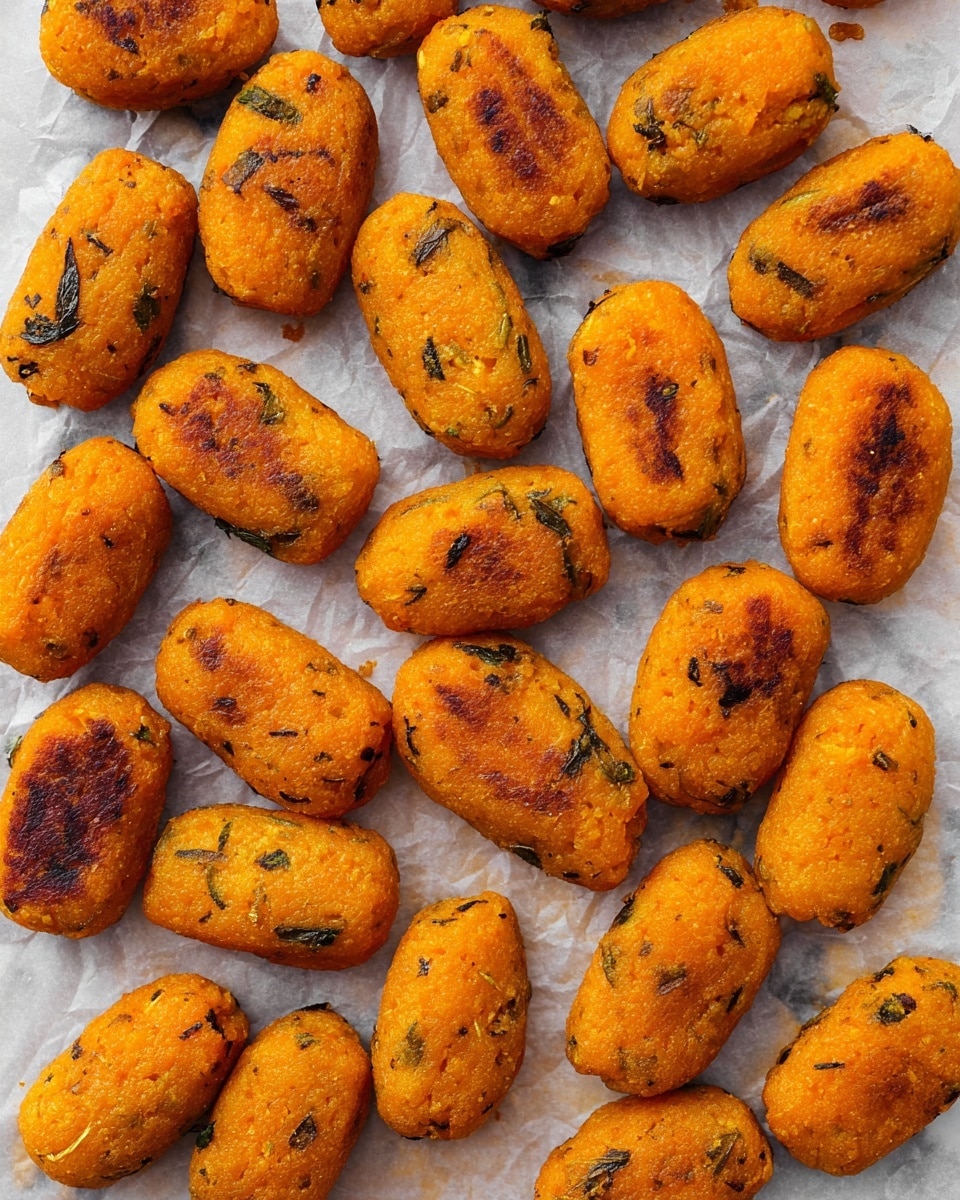 The image shows many small, orange, oval-shaped croquettes spread out in rows on a sheet of crumpled parchment paper. Each croquette has a slightly rough texture with visible dark green herbs and small brown grilled marks on the top side, showing they are lightly fried. The croquettes are tightly packed but not stacked, covering the entire visible area with their warm, golden-orange color and green flecks. The surface beneath the parchment paper is a white marbled texture. photo taken with an iphone --ar 4:5 --v 7