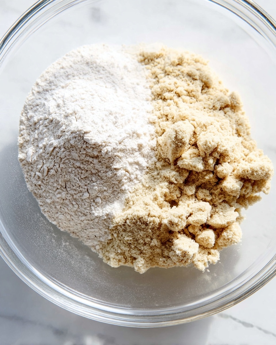 A clear glass bowl sits on a white marbled surface, containing three different kinds of powder ingredients arranged in separate piles. One pile is a bright white powder, another is a slightly darker, off-white powder with a fine texture, and the third is a beige powder with a crumbly and rougher texture. The powders fill the bowl unevenly but distinctly, showing clear separation between each type. The light and shadow highlight the different textures and shades of the powders. photo taken with an iphone --ar 4:5 --v 7