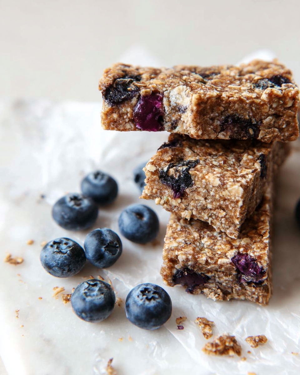 The image shows a close-up of three brownish bars with a rough texture, packed with visible oats and dark purple blueberries inside. Two of the bars are stacked on top, with one piece broken, showing the inside filled with more blueberries. Fresh blueberries are scattered around the bars on a white marbled surface with a piece of white parchment paper underneath. The overall look is natural and homemade with a soft, crumbly texture. Photo taken with an iphone --ar 4:5 --v 7