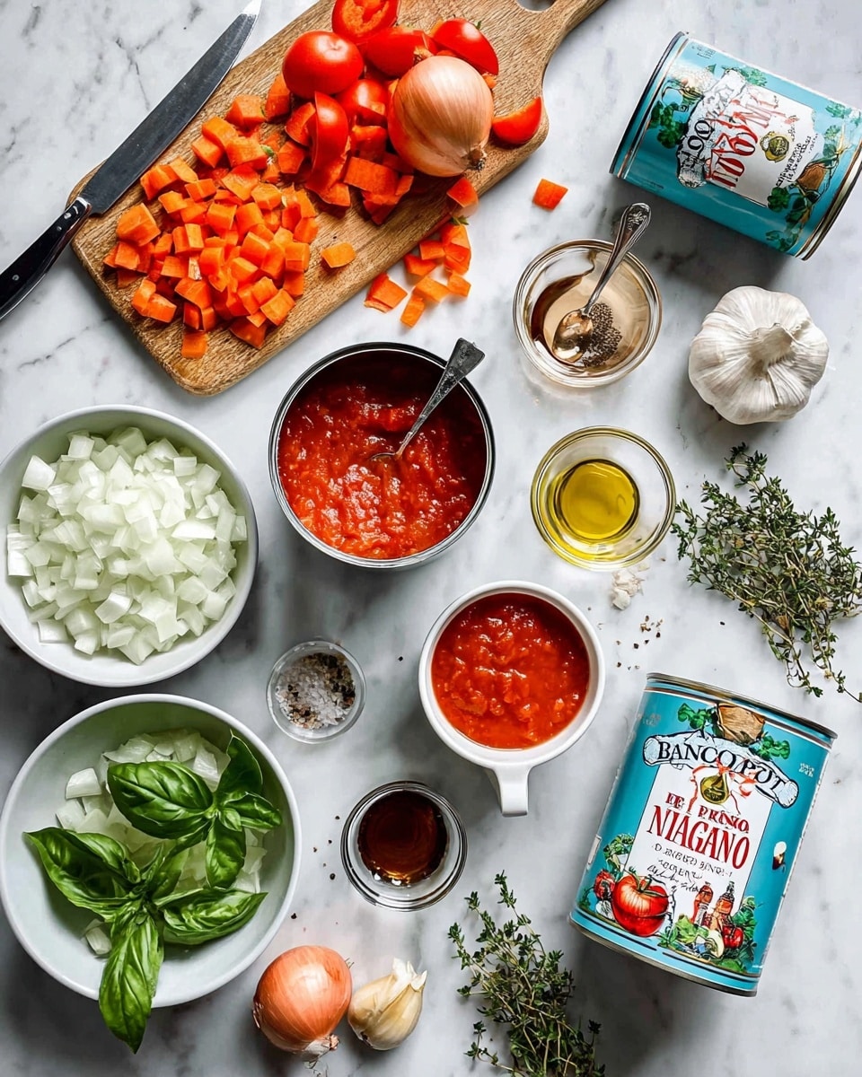 The image shows various fresh cooking ingredients on a white marbled surface arranged neatly. There is a white bowl with chopped white onions at the bottom left and another white bowl with fresh green basil leaves at the bottom right. A whole onion and diced carrot pieces rest on a wooden board on the top left, accompanied by a steel knife. In the center, an open can of red crushed tomatoes with its lid leaning on the can, a small white cup with thick red tomato paste, and a blue can labeled