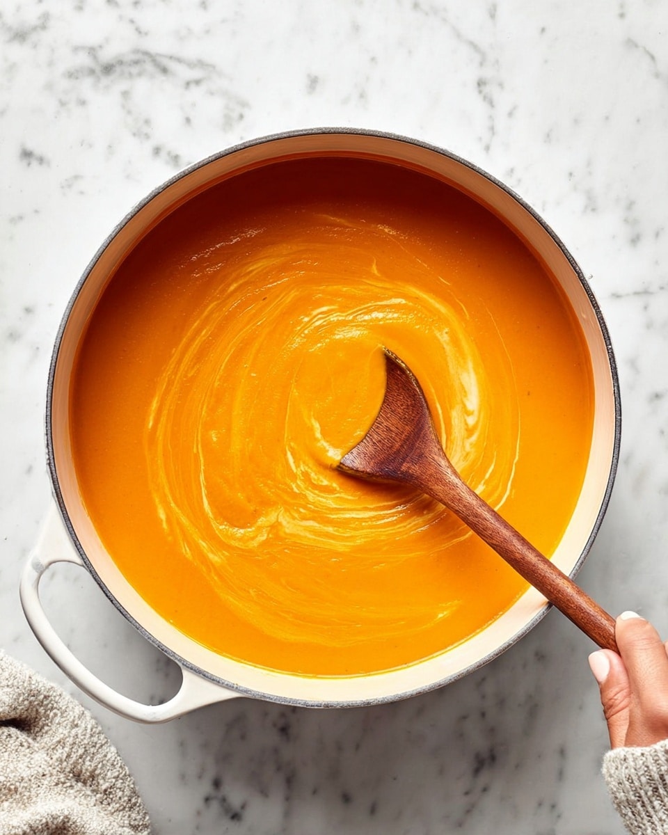 A large white pot filled with a smooth orange soup, having a creamy texture with light swirls of a slightly lighter orange mixed in. A wooden spoon with a darker handle is dipped into the soup, lifting a spoonful that creates a swirl pattern around it. The pot rests on a white marbled surface, with the handle of the pot visible on the left side. A woman's hand is holding the wooden spoon as it scoops the soup photo taken with an iphone --ar 4:5 --v 7