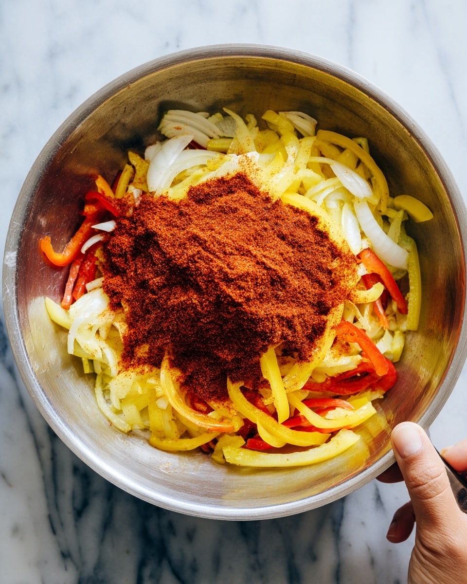 Inside a round metal pan, there are thin yellow and red pepper strips mixed with small white onion pieces. On top, there is a large pile of red-brown powdered spice. The food looks hot with a bit of oil shine. In the top right corner, a woman's hand is visible holding the edge of the pan. The pan is placed on a white marbled surface photo taken with an iphone --ar 4:5 --v 7