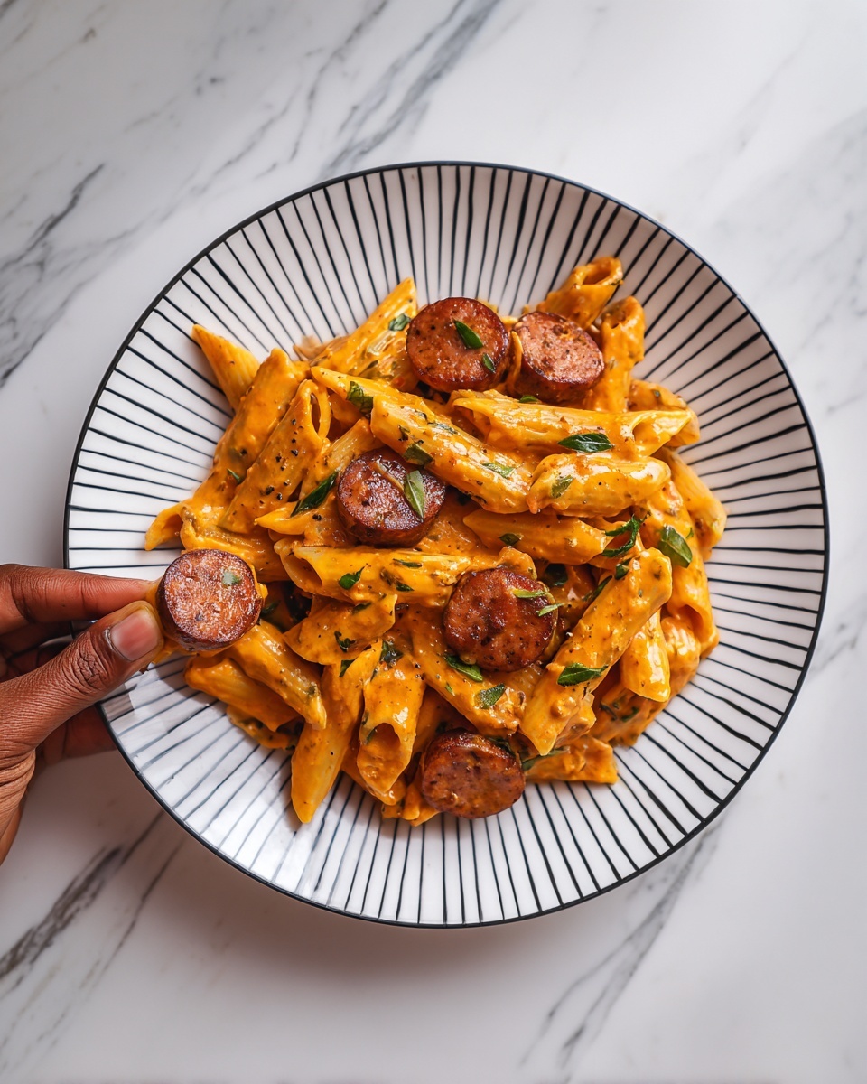 The image shows a plate of creamy penne pasta with slices of sausage mixed in. The penne pasta is coated in a rich orange-colored sauce with small green herbs scattered throughout, giving it a fresh look. The sausages are browned and round, placed evenly among the pasta pieces. The dish is served on a white plate with black stripes around the edge. A woman's hand is holding a piece of pasta above the plate. The surface under the plate is a white marbled texture. photo taken with an iphone --ar 4:5 --v 7