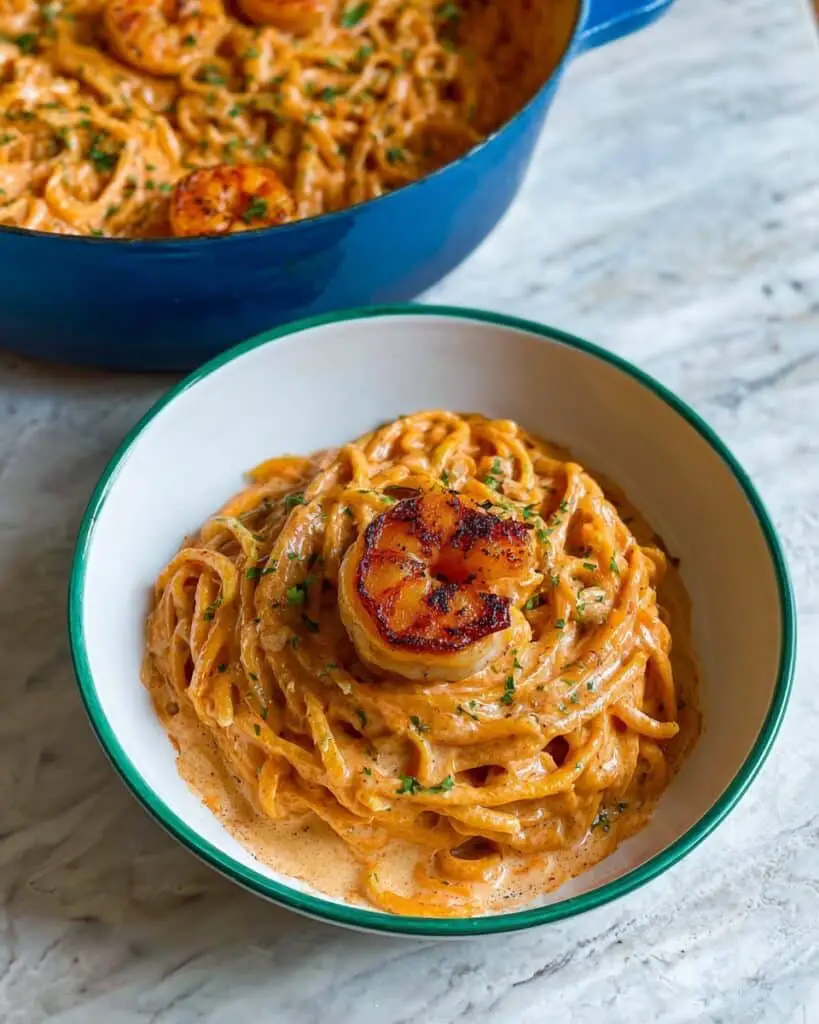 Easy Creamy Shrimp Linguine with Garlic and Tomato Sauce Recipe