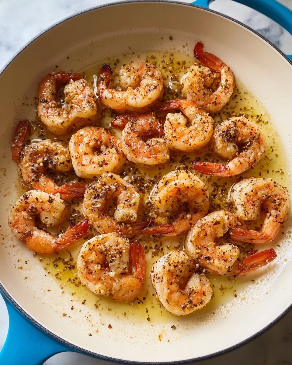 A white pan with a blue handle holds about fifteen cooked shrimp pieces arranged loosely with some space between them. Each shrimp is curled, showing a pinkish-orange color with darker seasoning specks covering their surface. The shrimp lie in a shallow pool of golden-brown butter or oil, which has small bits of seasoning floating in it. The pan is on a white marbled surface. The shrimp look shiny and well cooked with a slight crisp on the edges photo taken with an iphone --ar 4:5 --v 7