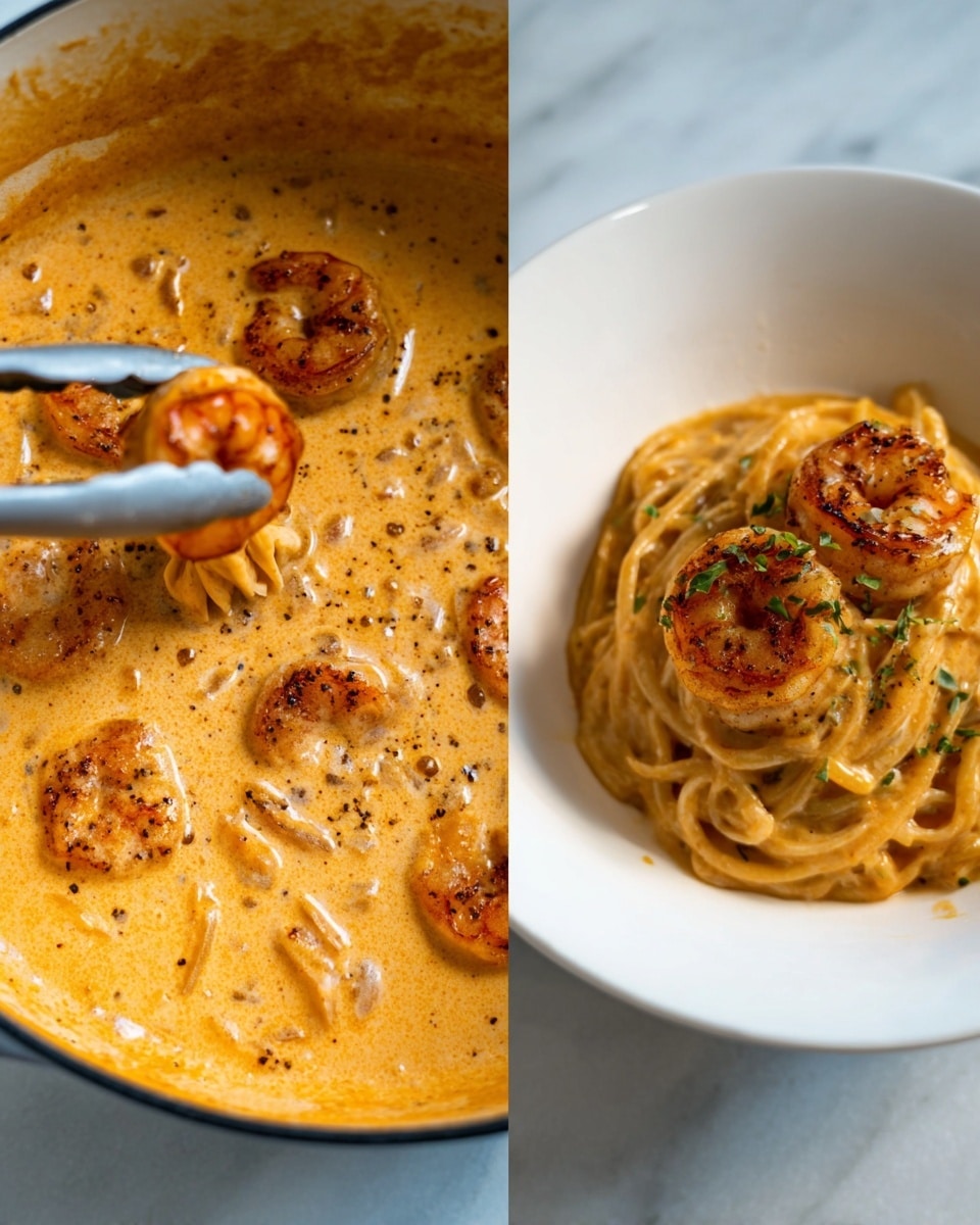 The image shows a creamy orange sauce in a pot with several lightly browned shrimp cooking in it, with a woman's hand holding tongs lifting one shrimp. The sauce has a smooth texture with small specks of seasoning visible. In the second image, the dish is served in a white bowl placed on a white marbled surface. The bowl contains thick, creamy pasta coated in the same orange sauce, topped with a single shrimp that is golden and slightly charred, and sprinkled with small green herb pieces. photo taken with an iphone --ar 4:5 --v 7
