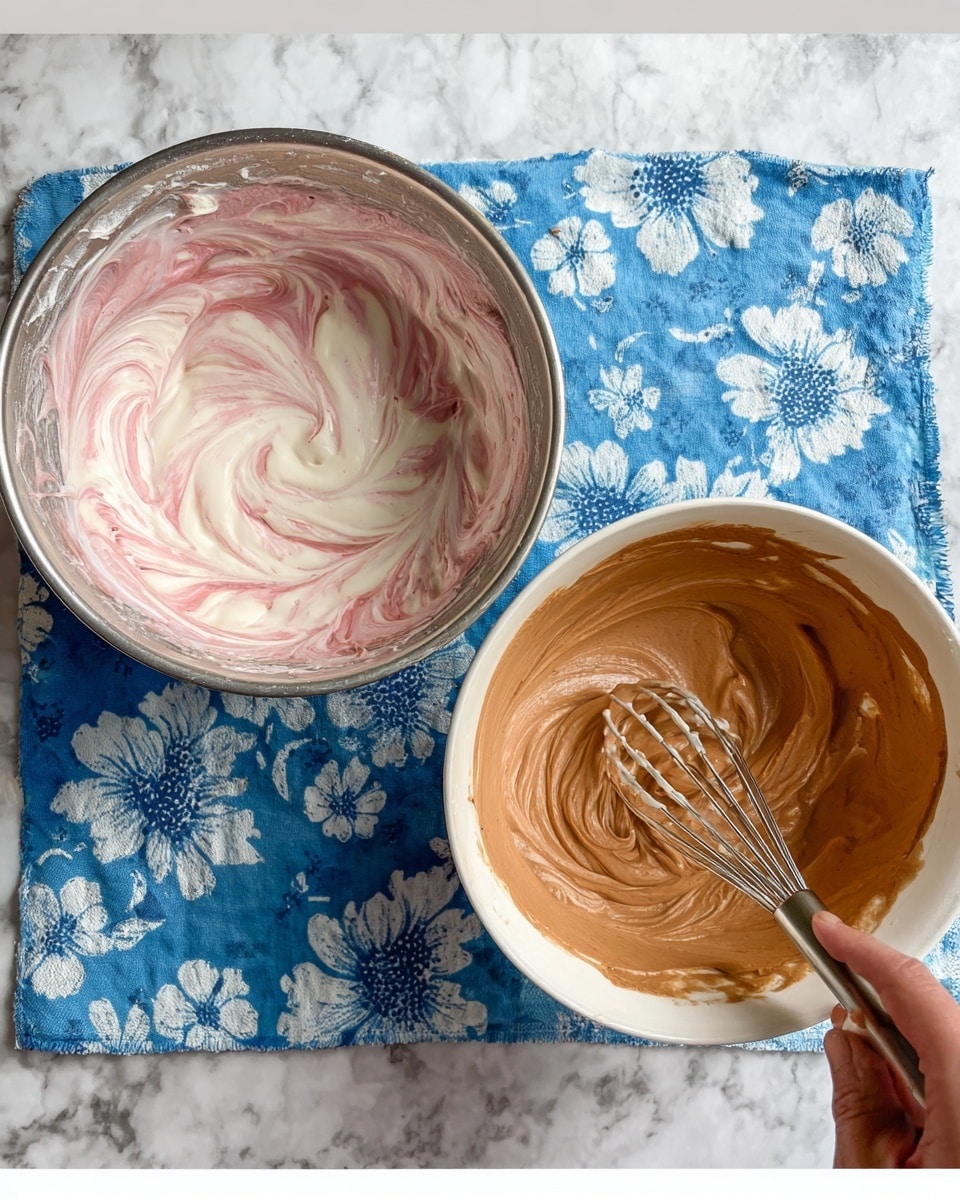The image shows two bowls on a white marbled surface with a blue cloth with white flower patterns underneath each bowl. The bowl on the left is a metal bowl filled with a mixture of white and light pink swirled together, with a whisk placed inside. The bowl on the right is a white bowl with a creamy light brown mixture, which has a smooth, swirled texture, and a whisk is resting inside the bowl. A woman's hand is partly visible holding the whisk in the left bowl. photo taken with an iphone --ar 4:5 --v 7