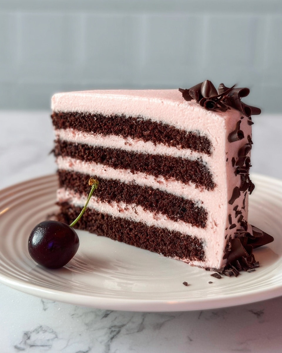 A slice of cake with four thin layers of dark brown chocolate sponge, separated by three thin layers of light cream filling, all covered in a smooth light pink frosting that extends from the top to the sides. The cake is decorated with small dark chocolate curls on one side and a single dark cherry with a green stem resting on the white plate next to the cake. The plate sits on a white marbled surface with soft lighting highlighting the textures. Photo taken with an iphone --ar 4:5 --v 7