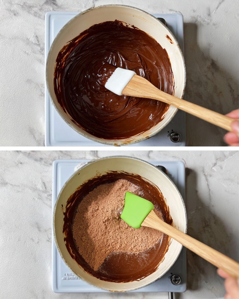 The images show a cooking process in a white pot on a stove with a white marbled surface. The first image shows thick, glossy dark brown chocolate mixture being stirred by a wooden spatula with a white silicone tip held by a woman's hand. In the second image, the same pot contains the same chocolate mixture, but now topped with a layer of fine, light brown powder being stirred by a green silicone spatula held by a wooden handle. The contrast between the dark chocolate and the powder is clear, both layered inside the white pot. Photo taken with an iphone --ar 4:5 --v 7