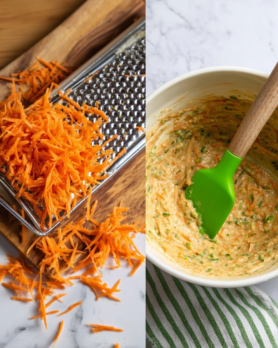 The first image shows bright orange carrot shreds falling from a stainless steel grater onto a white marbled surface with a wooden board underneath. The carrot shreds are fresh and finely shredded. The second image shows a white bowl filled with a thick, creamy mix that is light tan in color with small orange and green bits inside. A green spatula with a wooden handle is resting inside the bowl, stirring the mixture. The bowl is on a white marbled surface with a green and white striped cloth nearby. photo taken with an iphone --ar 4:5 --v 7
