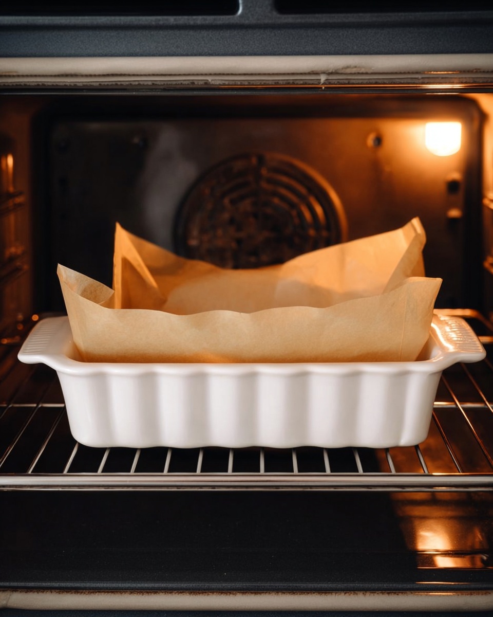 A white ceramic baking dish with ruffled edges is placed inside an oven on a metal rack. Inside the dish is a layer of light brown parchment paper loosely folded, covering the bottom and sides of the dish. The oven interior is dark with some brown marks on the top inside surface, and the oven light is on, glowing warmly from the left side. The scene has a clean and simple look with the white ceramic dish standing out against the dark oven. photo taken with an iphone --ar 4:5 --v 7