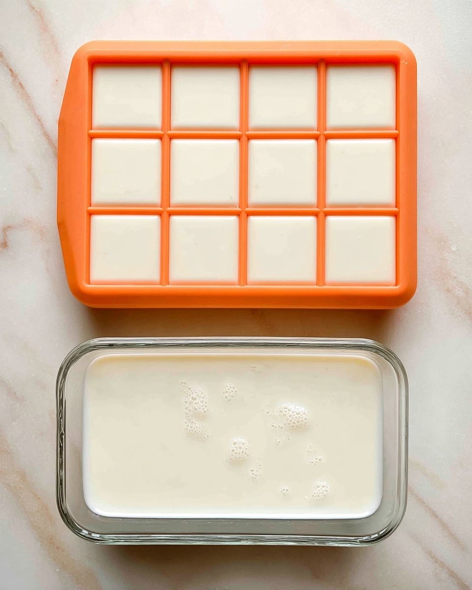 The image shows two containers on a white marbled surface. On the top, there is an orange silicone ice cube tray filled with a smooth, creamy white liquid in 15 evenly divided square compartments. Below it, there is a clear rectangular glass dish filled fully with the same creamy white liquid, with a smooth surface and small bubbles scattered throughout. The overall look is clean and simple, highlighting the white liquid in both containers. photo taken with an iphone --ar 4:5 --v 7