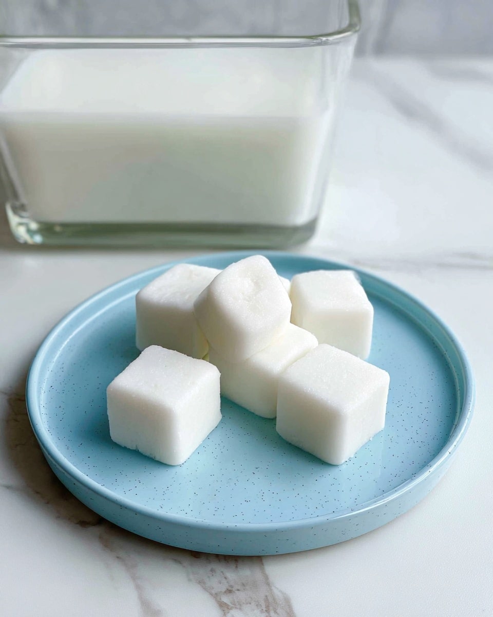The image shows five small white cubes, placed evenly spaced on a light blue plate with a smooth texture and tiny specks scattered across it. Each cube has a smooth and slightly shiny surface with clean edges, giving a soft appearance. Behind the plate, there is a rectangular glass container filled with a white liquid or solid block. The setting is on a white marbled texture surface, adding a clean and bright look to the scene. Photo taken with an iphone --ar 4:5 --v 7