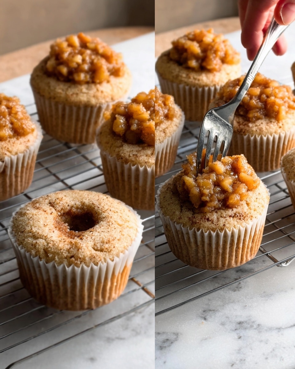 The image shows six white cupcake liners filled with a light brown crumbly batter placed on a metal cooling rack over a white marbled surface. Four of the cupcakes have a chunky, golden brown topping that looks sticky and textured. A woman's hand holds a fork, gently pressing into the topping on one of the cupcakes in the front center. One cupcake in the bottom left corner has a hole in the center and no topping. The lighting is soft and natural, highlighting the textures of the crumbly batter and sticky topping. photo taken with an iphone --ar 4:5 --v 7