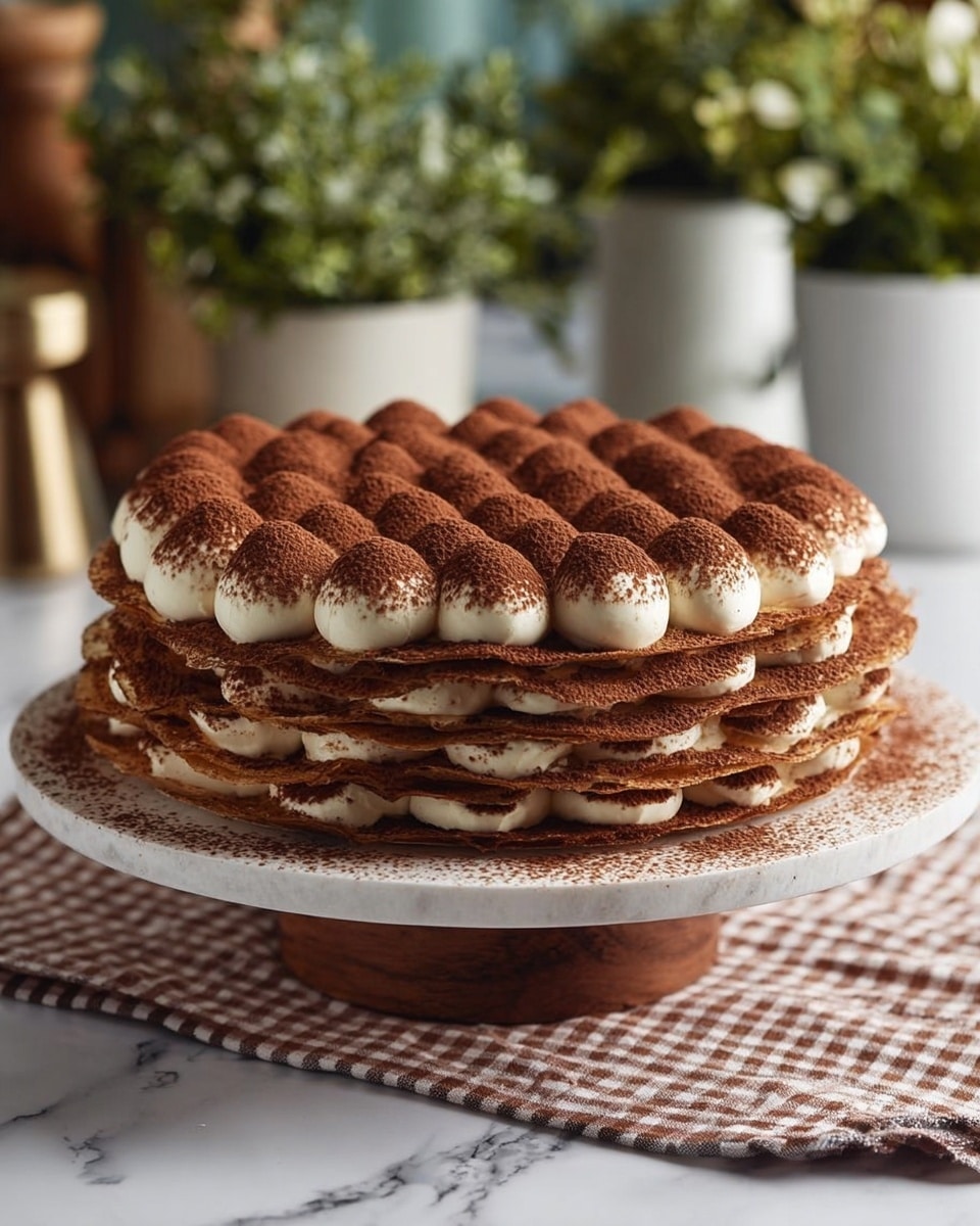 A multi-layered round cake with about six thin, uneven brown layers stacked on a wooden stand. Between the layers is a light cream filling visible at the edges. The top layer is covered with smooth cream dots arranged closely in rows, each dot dusted generously with cocoa powder creating a rich dark brown color contrast to the white cream. The cake sits on a white marbled surface with a soft checkered cloth underneath, and blurred green plants in white pots in the background. photo taken with an iphone --ar 4:5 --v 7