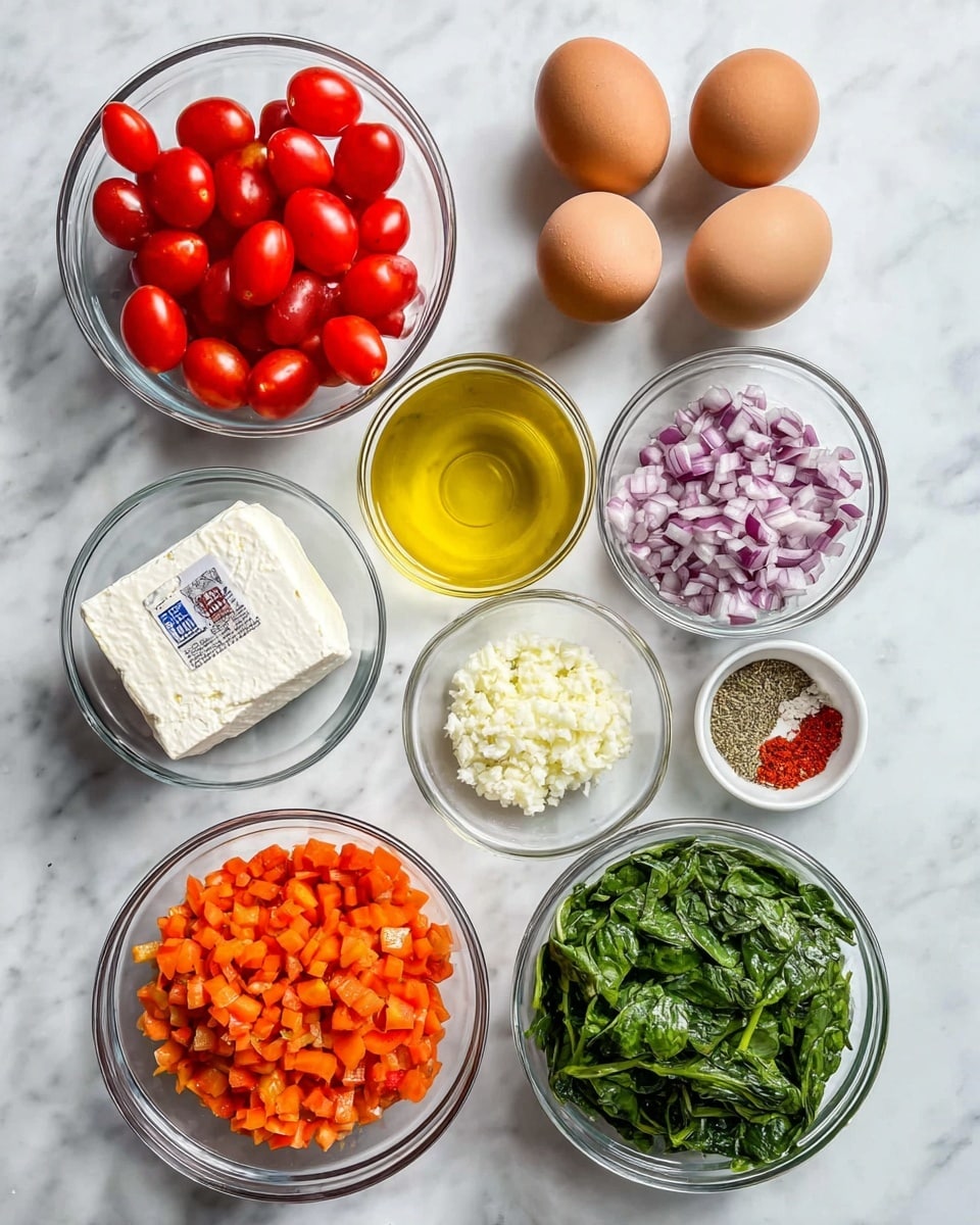 The image shows nine clear glass bowls and a wrapped block of feta cheese arranged on a white marbled surface. At the top left, a bowl filled with bright red cherry tomatoes sits next to four brown eggs arranged in a diamond shape. Below the eggs is a small bowl of golden olive oil. To the right of the olive oil, a clear bowl contains finely chopped purple-red onions. Moving down, a larger white bowl is filled with small, chopped bright orange carrots. To the left of the carrots, a smaller bowl holds minced white garlic, next to a stack of dried herbs and spices in another bowl with red chili flakes, oregano, salt, and pepper. Above these bowls, finely chopped green spinach leaves fill a glass bowl. The block of feta cheese, wrapped in white paper with a blue label, is placed at the bottom left corner. Photo taken with an iphone --ar 4:5 --v 7