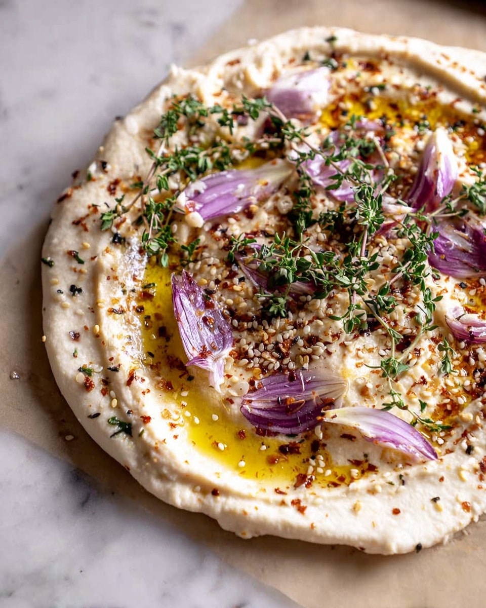 A white round flatbread sits on a white marbled surface, topped with a swirl of creamy hummus. On top of the hummus, there are scattered light purple onion petals with a soft, slightly shiny texture, small green sprigs of fresh thyme with tiny leaves, and a sprinkle of sesame seeds and crushed chili flakes adding specks of brown and red. A drizzle of golden olive oil glistens across the surface, enhancing the creamy and fresh ingredients. Photo taken with an iphone --ar 4:5 --v 7