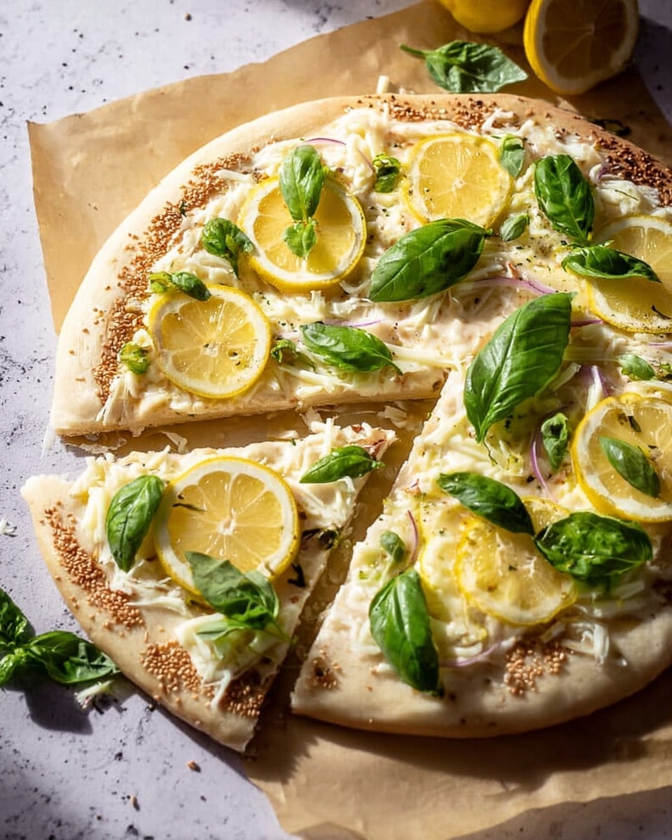 A round pizza on light brown parchment paper over a white marbled surface has three layers: the base is a pale dough crust with some sesame seeds on the edge, the middle is spread with shredded white cheese and thin slices of white cheese, and the top is decorated with thin yellow lemon slices and fresh bright green basil leaves scattered evenly across the pizza photo taken with an iphone --ar 4:5 --v 7