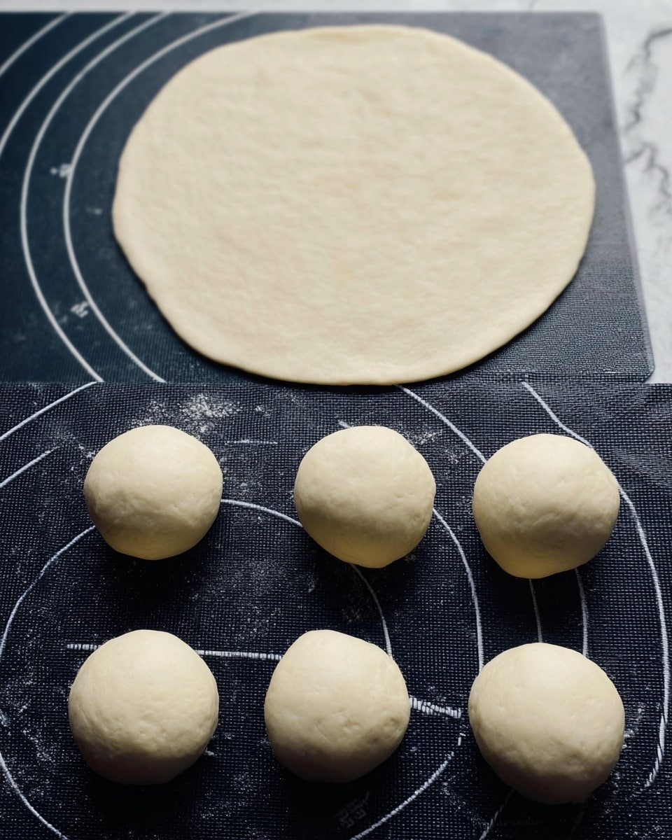 The image shows six small round dough balls on a dark baking mat with white measurement markings, all smooth and evenly shaped. Above this, there is a single flat, circular dough piece rolled thinly on the same dark mat with white lines. The dough has a pale cream color and a soft, smooth texture. The background is a white marbled texture. Photo taken with an iphone --ar 4:5 --v 7