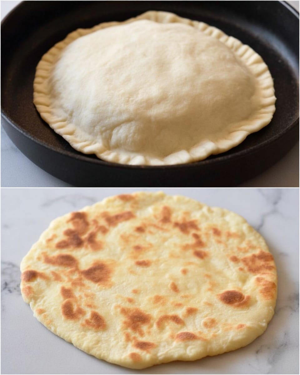 The image shows two stages of cooking a round flatbread. In the top part, there is a puffed-up dough with a smooth, pale surface, its edges crimped and slightly raised, resting in a dark pan. In the bottom part, the flatbread is laid flat with a light golden brown color and scattered toasted spots, showing a soft and slightly uneven texture. The background is a white marbled surface. photo taken with an iphone --ar 4:5 --v 7
