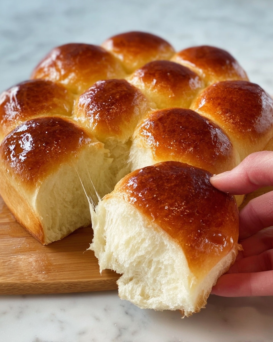 The image shows a round bread made of eight connected soft rolls with a shiny golden-brown top layer. One roll is pulled away, showing its fluffy, light cream inside texture that looks very soft and airy. A woman's hand is gently holding the separated roll, showing the stretchiness of the bread. The bread is placed on a white marbled surface. photo taken with an iphone --ar 4:5 --v 7