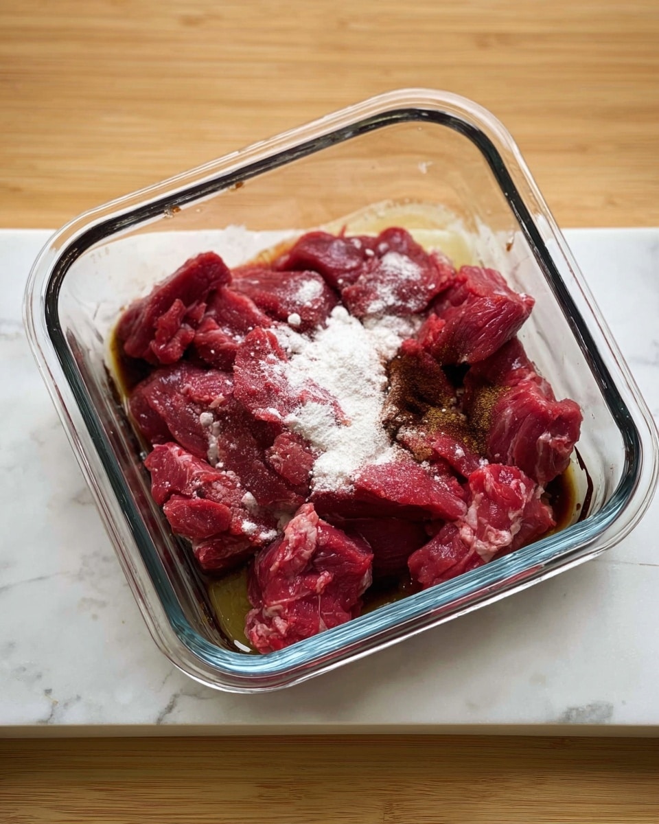 The image shows a clear square glass container placed on a white marbled surface. Inside, there is one layer of raw red meat pieces, unevenly spread out. On top of the meat, in various spots, there are small piles of white powder and some dark brown liquid sauce, creating a contrast with the red meat. The glass container edges are thick and clear, showing reflections of light. The whole setup looks ready for mixing or marinating. photo taken with an iphone --ar 4:5 --v 7