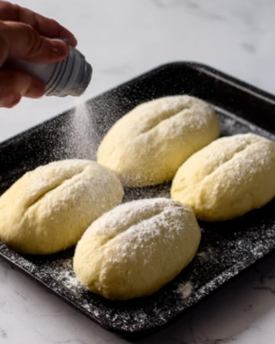 Four small dough pieces with soft, smooth surfaces and light yellow color rest on a dark tray. Each piece is shaped like an oval and sealed with a simple pinch along the top edge. A woman's hand sprays water over them. The background is white marble. Photo taken with an iphone --ar 4:5 --v 7