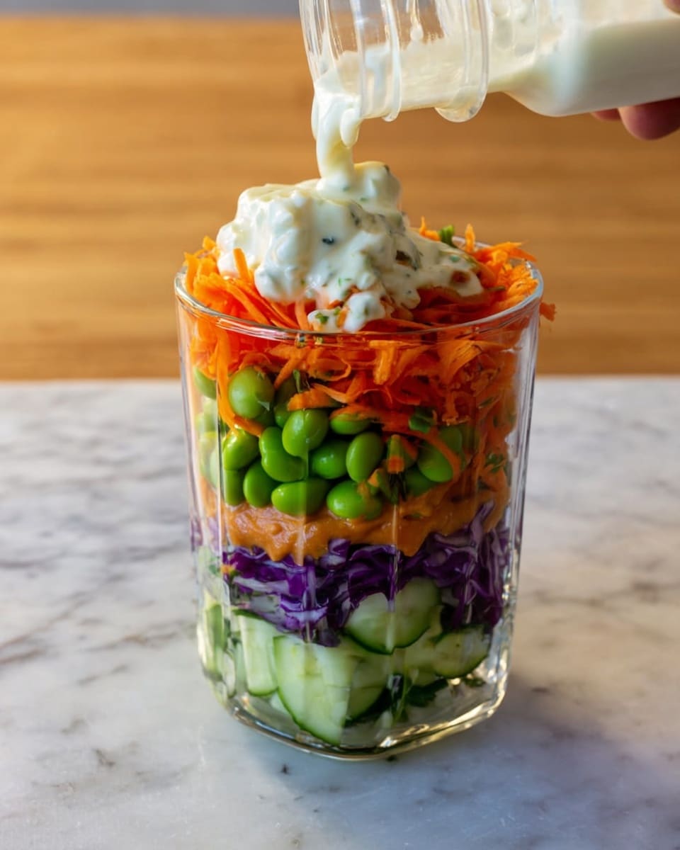 A clear glass cup filled with multiple colorful layers of fresh vegetables and sauce is shown on a white marbled surface. At the bottom is a layer of sliced green cucumbers and some purple cabbage. Above that is a layer of thick orange sauce or paste. Next is a bright green layer of shelled edamame beans. Above that are thin orange carrot shreds mixed with some leafy green pieces. On top sits a large dollop of white creamy substance, being drizzled with thick white sauce from a bottle held by a woman's hand from above. The cup’s contents show a fresh, vibrant mix of textures and colors. Photo taken with an iphone --ar 4:5 --v 7