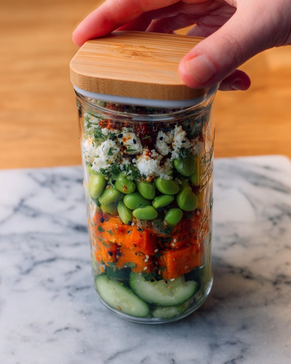 A clear glass jar filled with several layers of fresh ingredients is being closed by a woman's hand holding a light wooden lid. At the bottom, there are slices of green cucumber, followed by a layer of bright orange roasted or grilled vegetables. Above that, vibrant green edamame beans form the next layer, topped with a crumbly white cheese layer mixed with some finely chopped herbs and black seeds on top. The jar sits on a white marbled surface. photo taken with an iphone --ar 4:5 --v 7