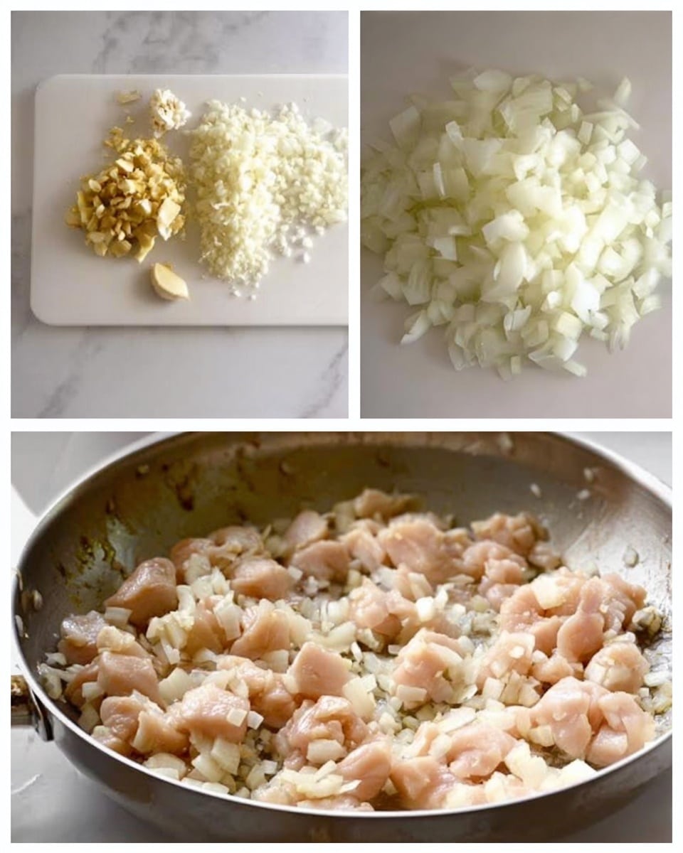 The first image shows a white cutting board on a white marbled surface with chopped white onion pieces arranged in the center, minced garlic placed in two small piles on the left side, and a piece of fresh ginger root next to them. The second image shows a close-up of a metal pot with chopped white onions and minced garlic cooking together, the onions appearing translucent and soft. The third image shows the same metal pot with added pieces of raw chicken scattered over the onions and garlic, the chicken pieces light pink and filling most of the pot's surface. Photo taken with an iphone --ar 4:5 --v 7