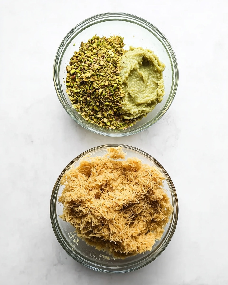 The first image shows a clear glass bowl on a white marbled surface holding three separate piles: finely chopped green pistachios on the left, a scoop of thick light green paste at the top center, and a larger portion of thin, golden-brown shredded pastry on the right filling nearly half the bowl. The second image shows the same bowl after mixing those ingredients into a textured, soft lump that is light brownish-green with visible fine strands and the same scoop of thick green paste mostly blended in the center. Photo taken with an iphone --ar 4:5 --v 7