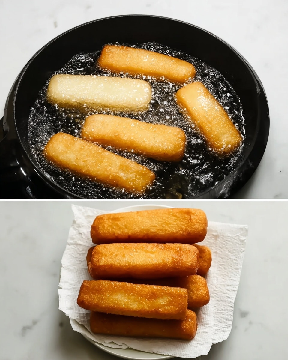 The image shows two layers: the top layer has four pale beige, rectangular dough pieces frying in hot oil inside a black pan, with bubbles forming around them, giving a shiny wet look. The dough pieces have a soft, smooth texture and are positioned in a slightly uneven arrangement. The bottom layer shows a white plate lined with a white paper towel, filled with about sixteen golden brown fried dough pieces, all rectangular and stacked neatly with a crisp texture, sitting on a white marbled surface. photo taken with an iphone --ar 4:5 --v 7