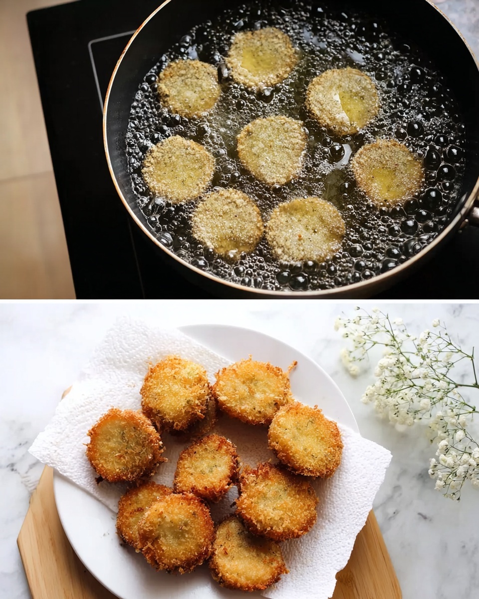 The image shows two parts: the top part is a pan with six round pieces frying in bubbling oil, each piece light beige and covered in crumbs, surrounded by shiny, bubbling oil. The pan is dark colored and sits on a dark stove. The bottom part shows a white plate on a light wooden surface with about sixteen golden brown, round fried pieces piled on a white paper towel. The fried pieces are crispy and textured, and to the right side, there are small white flowers adding a soft touch to the scene. The overall setting is clean and simple with a white marbled surface visible behind the plate photo taken with an iphone --ar 4:5 --v 7