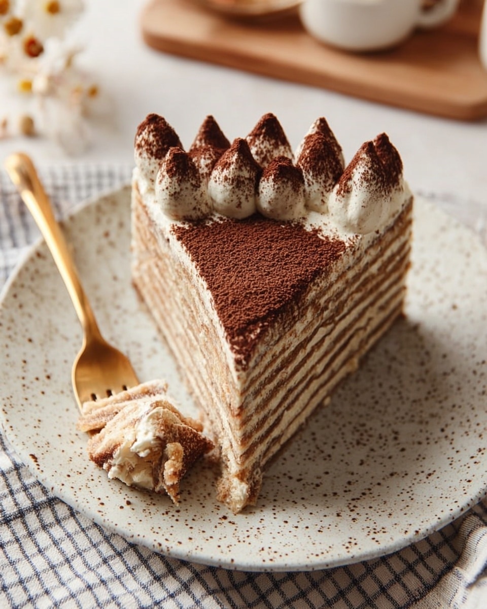 A slice of layered cake on a round white speckled plate, showing 12 thin horizontal layers alternating light cream and light brown cake. The top of the slice is decorated with dollops of light cream dusted with dark brown cocoa powder, shaped like small peaks around the top edge. Next to the slice, a golden fork with a bit of cake and cream rests on the plate. The plate sits on a white marbled textured surface with a soft checkered cloth underneath. Photo taken with an iphone --ar 4:5 --v 7