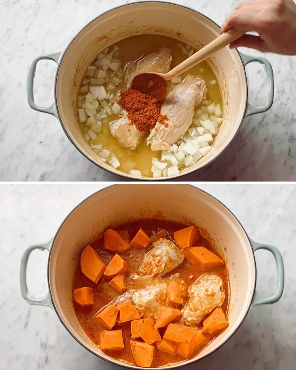 The first image shows a white pot filled with a pale yellow liquid and small white onion pieces scattered all around. In the center, there is a light-colored chicken piece being stirred with a wooden spoon by a woman's hand, and a reddish-brown spice paste is placed on top of the chicken. The pot sits on a white marbled surface. The second image depicts the same white pot now containing a bright orange-red sauce with large bright orange chunks of sweet potato scattered inside. The light chicken piece is still in the middle, partially covered by the sauce, and a white creamy liquid is dribbled over the chicken and sweet potatoes. A wooden spoon rests on the side of the pot. The setup remains on the white marbled surface. photo taken with an iphone --ar 4:5 --v 7