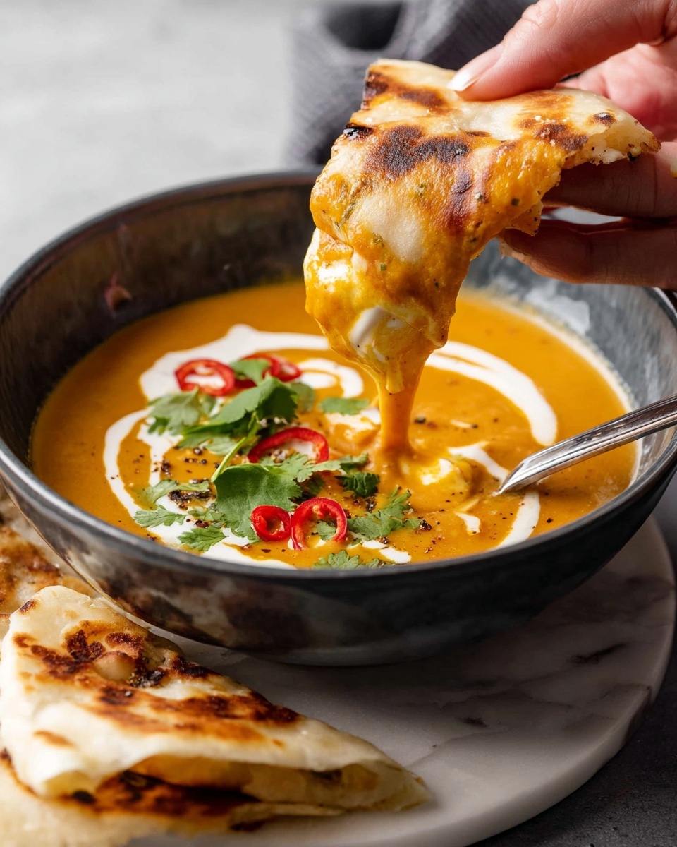 A dark gray bowl with a white inside sits on a white marbled surface, filled with creamy orange soup with a slightly chunky texture. A layer of white cream swirls on the soup’s surface, garnished with green cilantro leaves and thin slices of red chili. A woman’s hand lifts a piece of toasted, folded flatbread coated with bright orange soup from the bowl. In front of the bowl, folded flatbread pieces rest on the white marbled surface. A silver spoon is partially submerged in the soup, resting on the bowl’s edge. Photo taken with an iphone --ar 4:5 --v 7