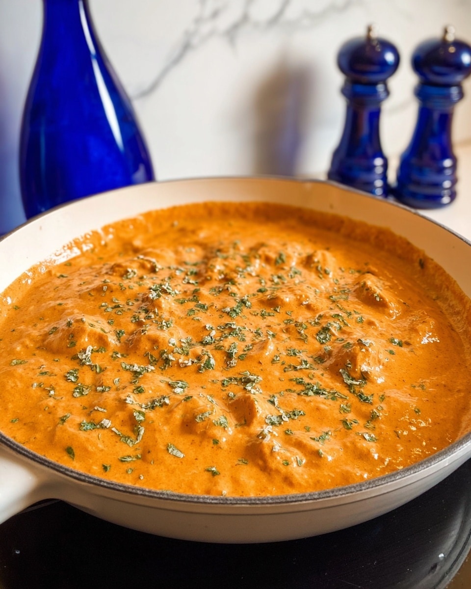 A white pan filled with a thick, creamy orange sauce with small chunks, topped with light green chopped herbs sprinkled evenly over the surface. The pan sits on a black stovetop with a white marbled background, and behind it are two blue salt and pepper shakers and a tall blue vase. The sauce has a smooth, slightly textured surface with a rich and creamy look. photo taken with an iphone --ar 4:5 --v 7