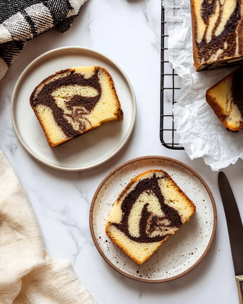 The image shows two thick slices of swirled cake with layers of light yellow and dark brown in a spiral pattern, placed on two white plates with simple designs; one plate is plain white while the other is white with brown specks and a brown rim. To the right, there is a slice of the same cake on a wire rack over crumpled white paper. The background is a white marbled surface with a beige cloth on the left side, a knife with a black handle at the bottom right, and a cream and black fabric item at the top left. Photo taken with an iphone --ar 4:5 --v 7
