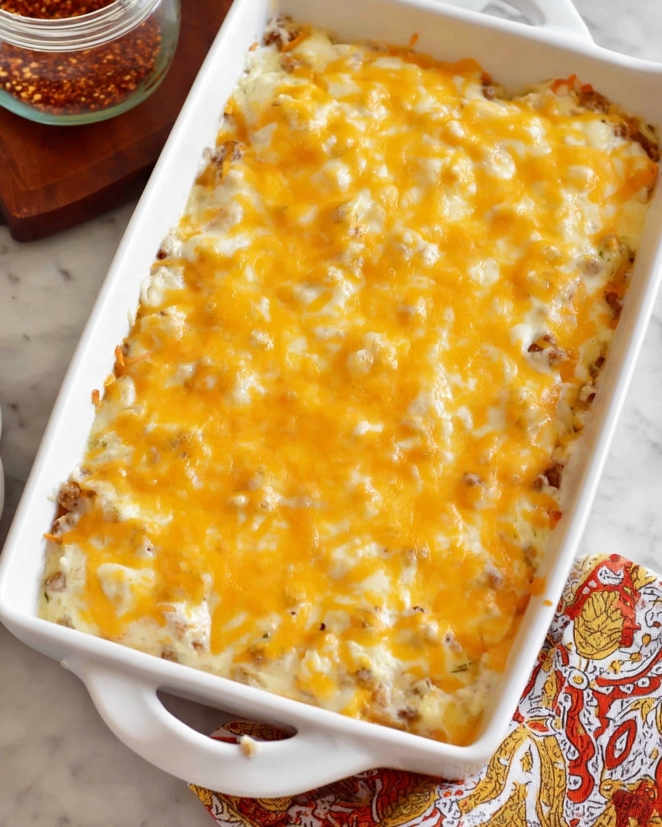 A white rectangular baking dish filled with a two-layer casserole; the bottom layer shows a textured mix of cooked ingredients peeking through a creamy white sauce, while the top layer is evenly covered with melted cheese that is a mix of bright yellow and pale white colors spread smoothly across the surface. The dish sits on a white marbled surface with a patterned cloth partially visible at the bottom edge and a glass container with red seasoning in the top left background. Photo taken with an iphone --ar 4:5 --v 7