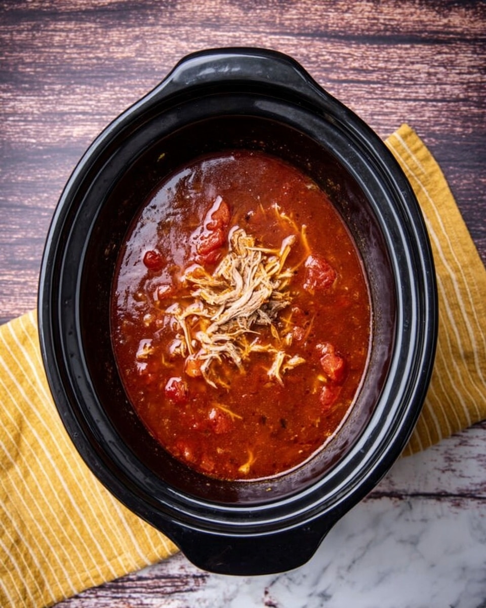 The image shows a black slow cooker filled with a rich red soup. The soup has visible tomato pieces, and shredded light brown meat is placed in the center on top. The slow cooker sits on a white marbled surface with a yellow striped cloth partially underneath it. The photo is taken from above, highlighting the glossy texture of the soup and the smooth black pot. Photo taken with an iphone --ar 4:5 --v 7