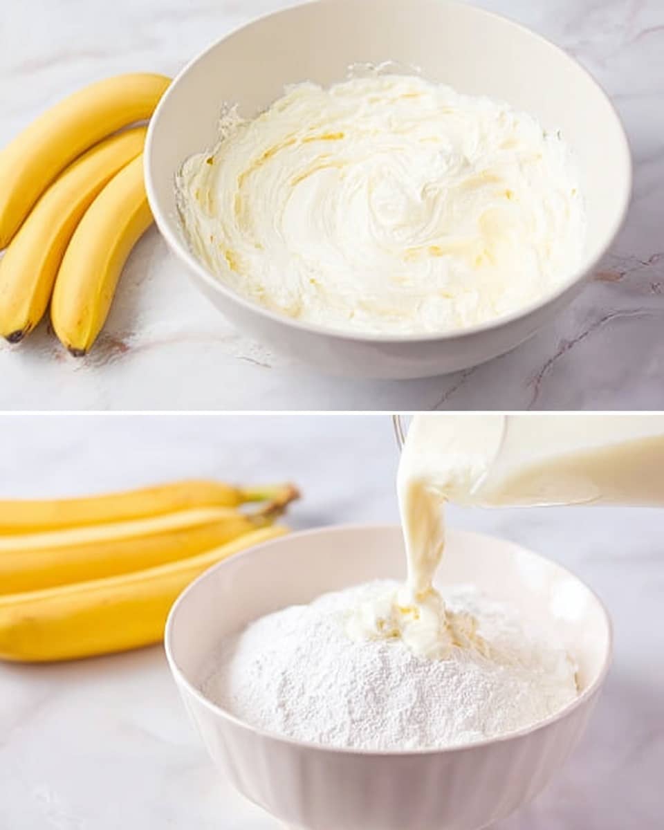The image shows a white bowl with whipped white cream inside, which has a smooth and fluffy texture. Around the bowl, there are three yellow bananas resting on a white marbled surface. In the second part of the image, the same white bowl contains cream and white powder, with a creamy liquid being poured from above into the bowl, creating a soft splash and mixing effect. The background is also a white marbled texture, keeping the focus on the bowl and ingredients. Photo taken with an iphone --ar 4:5 --v 7
