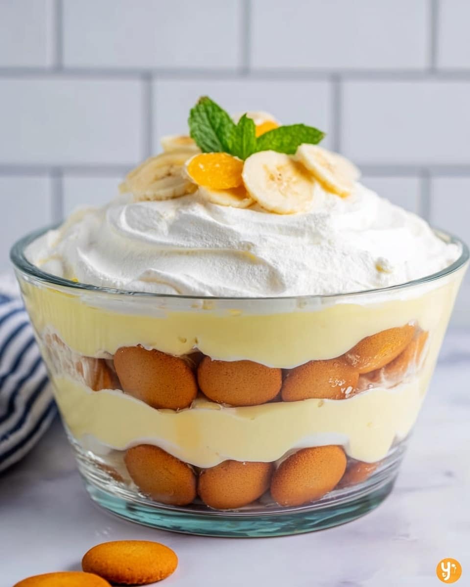 The image shows a clear glass bowl filled with a layered dessert. The first layer at the bottom is made of orange-brown round cookies soaked lightly, surrounded by a thick pale yellow creamy layer filling the gaps. Above this is another layer of the same cookies lightly covered with more pale yellow cream. The dessert is topped with a thick, smooth, white whipped layer spread evenly over the top. On the very top, there are two whole orange-brown cookies, a few banana slices leaning on them, and a small green mint leaf for garnish. The bowl is placed on a white marbled surface with a blurred white tiled background. Photo taken with an iphone --ar 4:5 --v 7