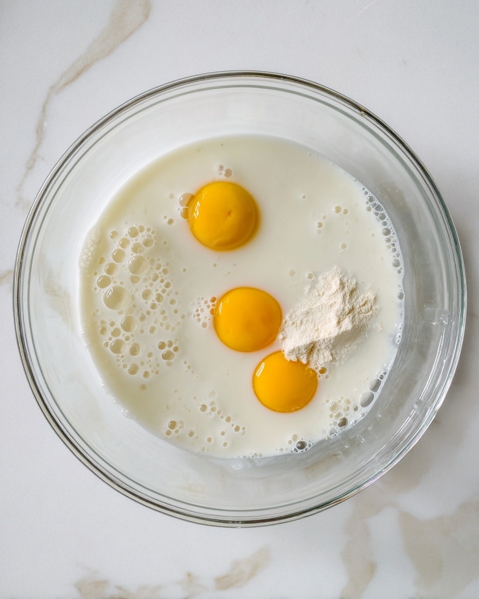 A clear glass bowl on a white marbled surface holds a mix of white liquid and three bright yellow egg yolks floating on top, with a small heap of light-colored powder near the edge. The liquid has small bubbles spread across its surface, giving it a slightly textured look. photo taken with an iphone --ar 4:5 --v 7