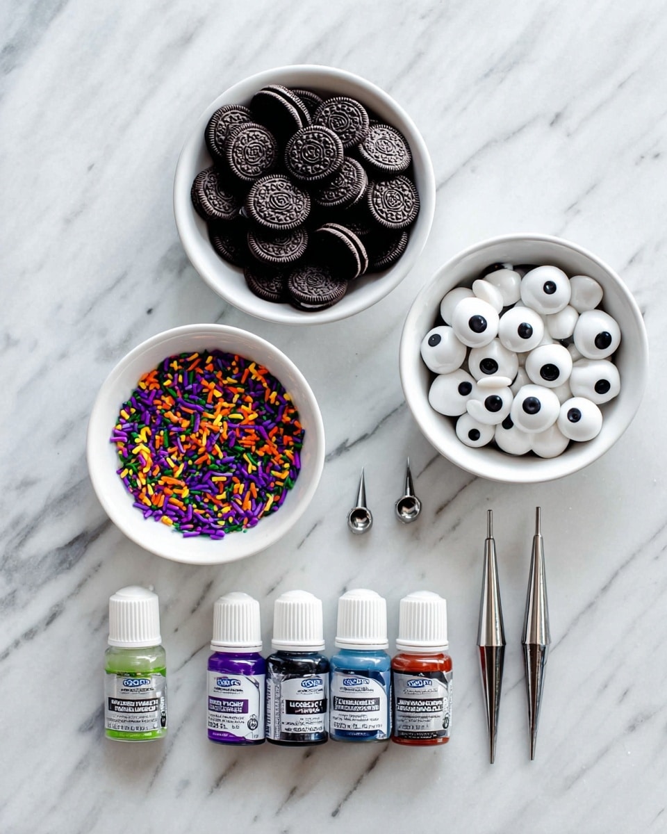 The image shows a top view of six items arranged on a white marbled surface. At the top left, there is a white bowl filled with mini Oreo cookies, dark brown with white cream centers. To the right, another white bowl holds many small white candy eyeballs with black pupils, varying in size. Below these bowls, five bottles of AmeriColor food gel paste are placed in a straight line with labels visible, in colors fuchsia, violet, super black, leaf green, and orange. At the bottom left, a white bowl contains colorful sprinkles mainly purple, orange, green, and black. To the right of the sprinkles, three shiny metal piping tips are placed on the surface. photo taken with an iphone --ar 4:5 --v 7