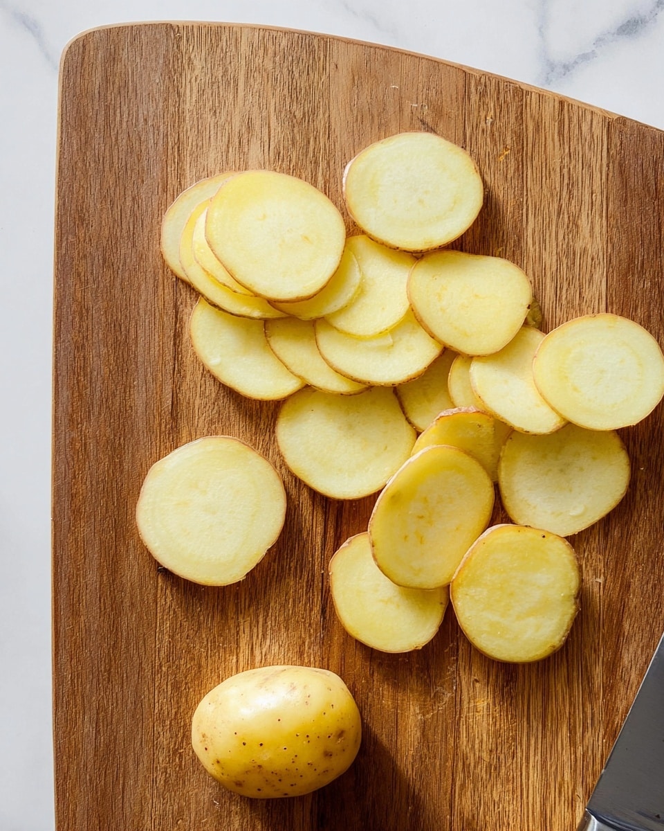 The image shows a wooden cutting board on a white marbled surface with one whole yellow potato placed at the bottom left and several thin round slices of the same potato arranged loosely above it. The potato slices have a pale yellow color with light brown edges, and their smooth texture is visible. A large knife with a shiny metal blade is positioned on the right side of the board, partly visible. The lighting highlights the softness and freshness of the potatoes. photo taken with an iphone --ar 4:5 --v 7