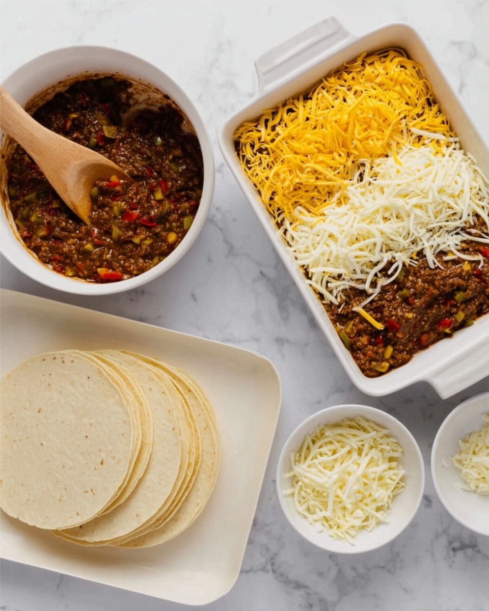 The image shows a white baking dish filled with a layered dish. The bottom layer is dark brown, covered by a layer of yellow shredded cheese mixed with some white shredded cheese on top. Next to the baking dish is a white bowl with shredded yellow cheese, a white bowl with shredded white cheese, and an empty small white plate. To the left side, there is a white bowl with a thick brown mixture containing pieces of red and green vegetables, a wooden spoon inside. Below the bowl, there is a white tray holding five stacked, light beige circular tortillas. The whole scene is set on a white marbled surface. Photo taken with an iphone --ar 4:5 --v 7