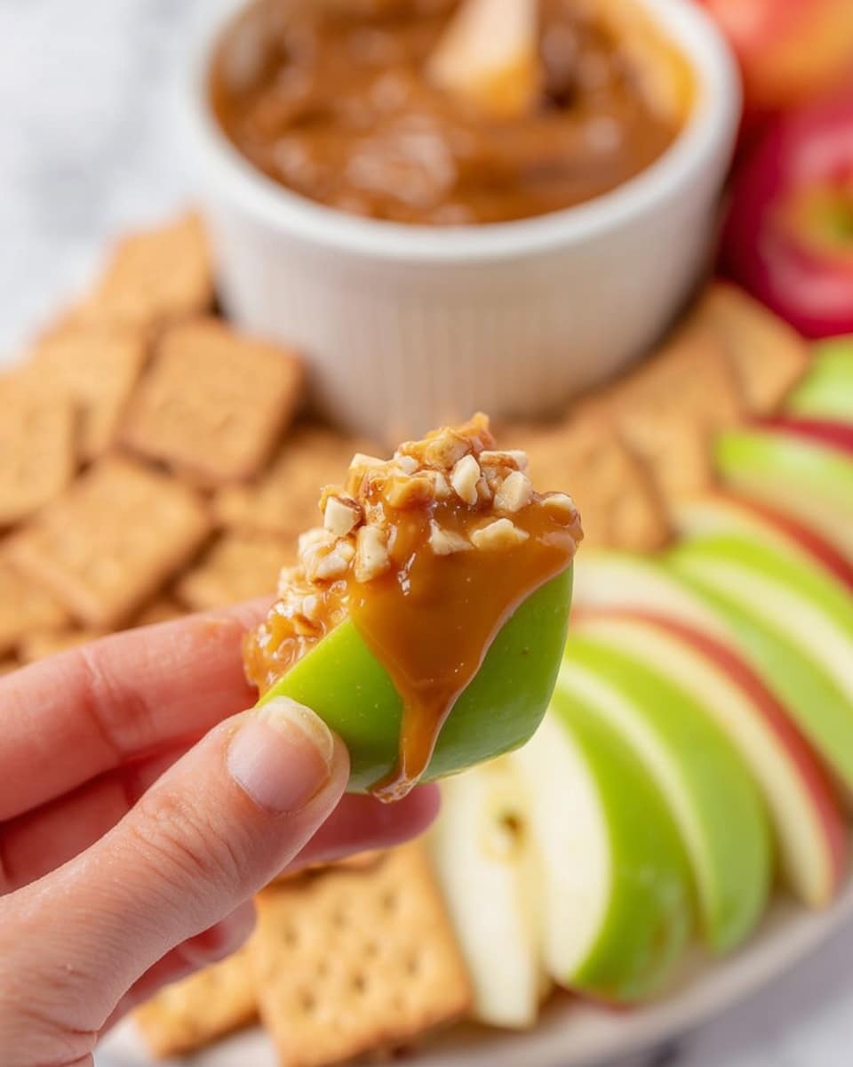 A close-up shows a woman's hand holding a green apple slice dipped in a thick caramel sauce with small nut pieces on top. The apple slice is shiny and fresh, with the caramel coating half the slice. In the background, there is a white bowl filled with more caramel and nuts, and a white plate holding more green and red apple slices as well as graham crackers, all placed on a white marbled surface. The scene looks bright and inviting, with a focus on the apple slice and caramel layers photo taken with an iphone --ar 4:5 --v 7
